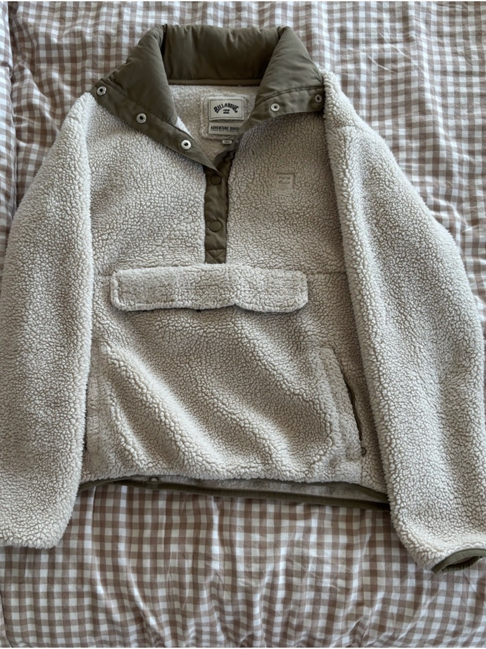 Billabong Cream Sherpa Pullover with Olive Trim